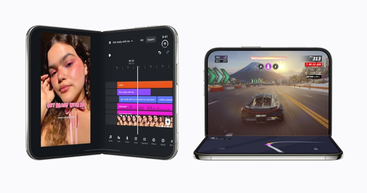 Dos iPhone Duo abiertos con apps optimizadas en su pantalla interior