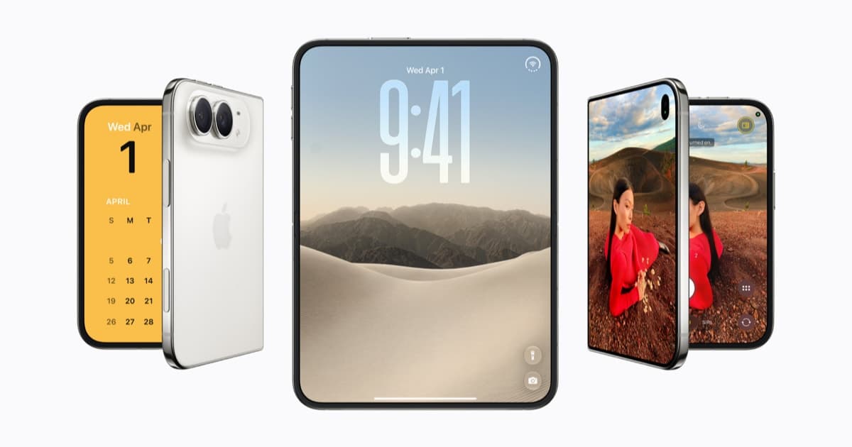 Tres iPhone Duo: uno cerrado por detrás, uno abierto con la pantalla interior encendida y otro en modo cámara